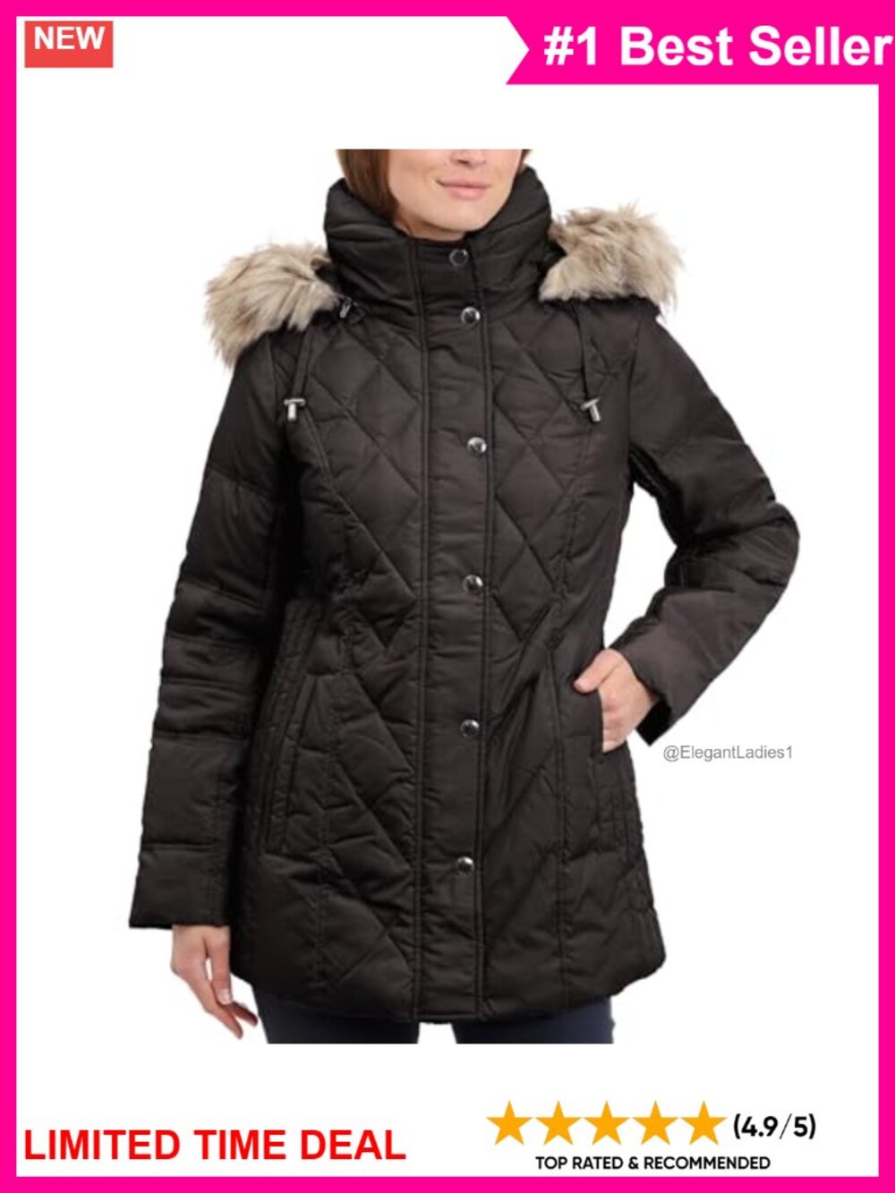 Quilted Down Puffer Coat Long Winter Jacket Detachable Fur Hood